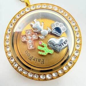 Origami Owl Living Locket Necklace 5 Floating Charms Cross Heart Daughter Paw +